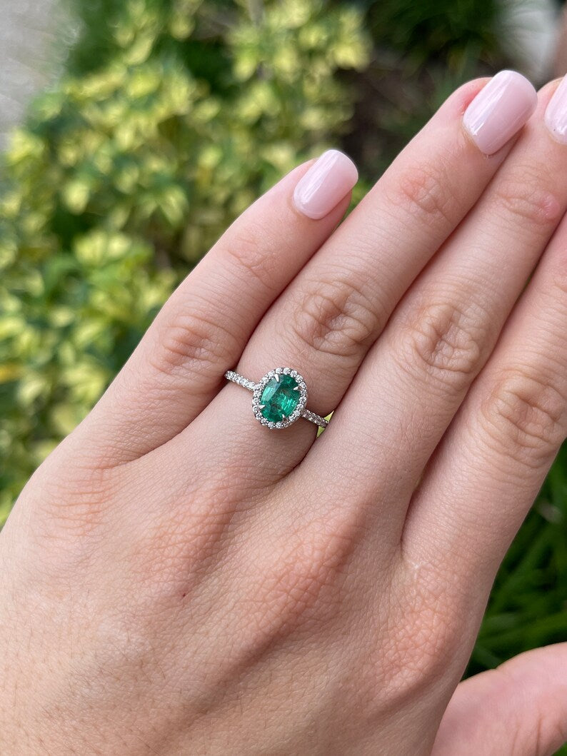 1.50tcw Natural Oval Cut Lush Green Emerald & Diamond Halo Shank Ring 14K - JR Colombian Emeralds