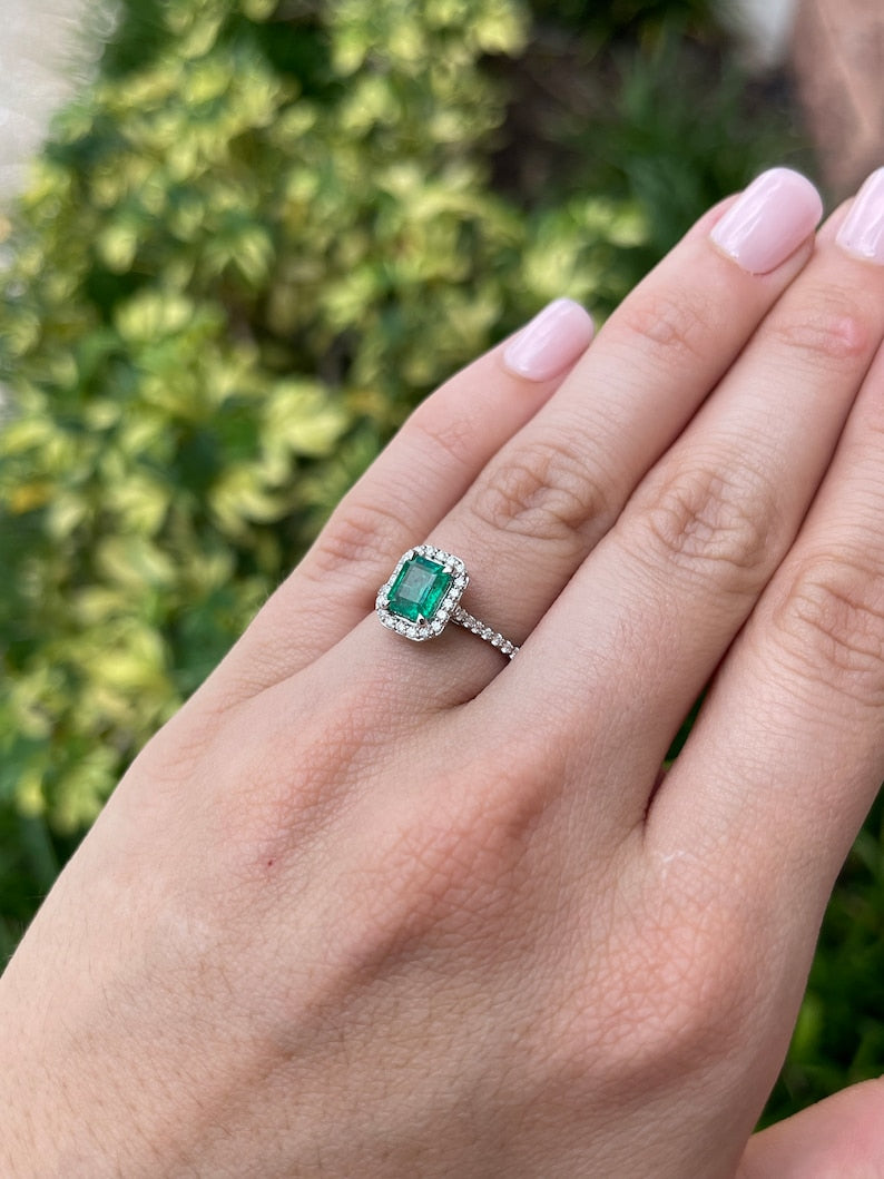 1.81tcw 14K Gold Lush Rich Green Emerald Cut Diamond Halo Shank Accent Engagement Ring - JR Colombian Emeralds