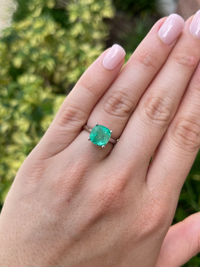 4.0ct 14K White Gold Vivacious Green Cushion Cut Emerald Solitaire 4 Prong Engagement Ring