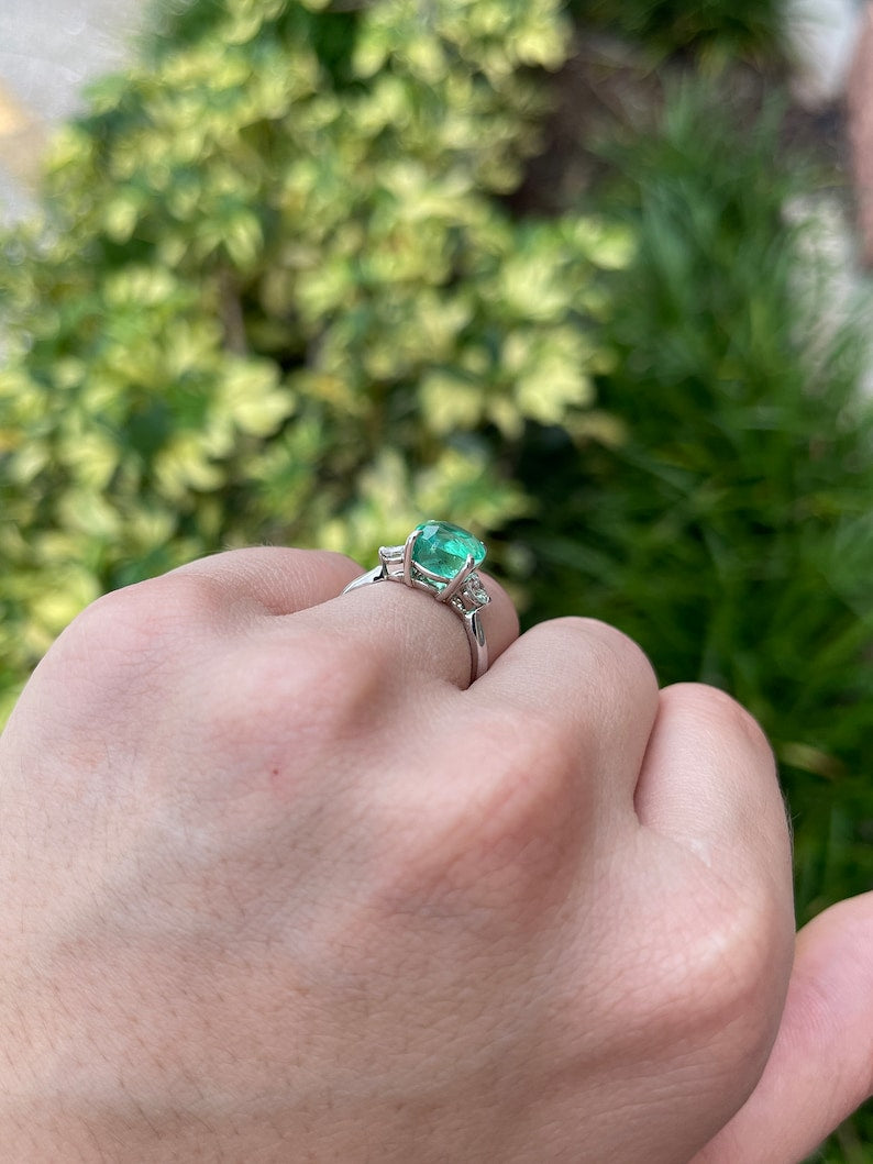 4.10tcw 14K Vivid Cushion Cut Emerald & Brilliant Round Diamond 3 Stone White Gold Engagement Ring - JR Colombian Emeralds