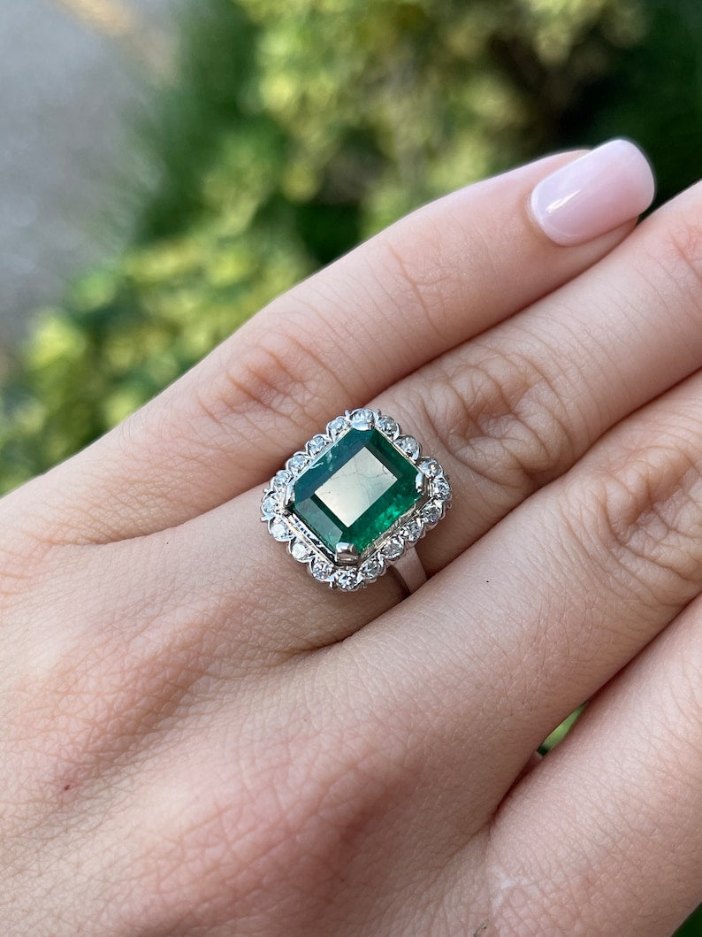 4.49tcw 14K Dark Green Emerald Vertical & Round Cut Diamond Halo in White Gold 585 Prong Set Engagement Right Hand Ring - JR Colombian Emeralds