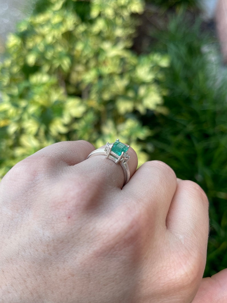 1.92tcw SS Natural Medium Green Brilliant Round Emerald Cut Diamond Three Stone Sterling Silver Ring - JR Colombian Emeralds