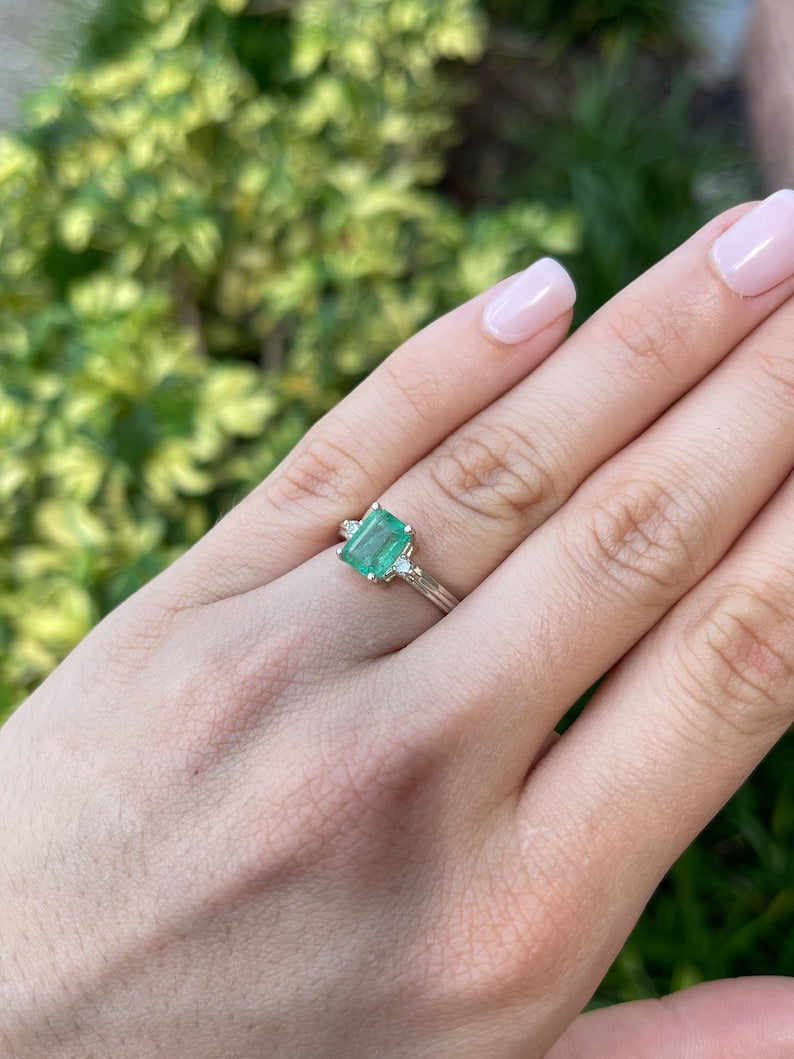 Sterling Silver Ring Set with Three Exquisite Medium Green Emerald Cut Diamonds, Totaling 1.92 Carats