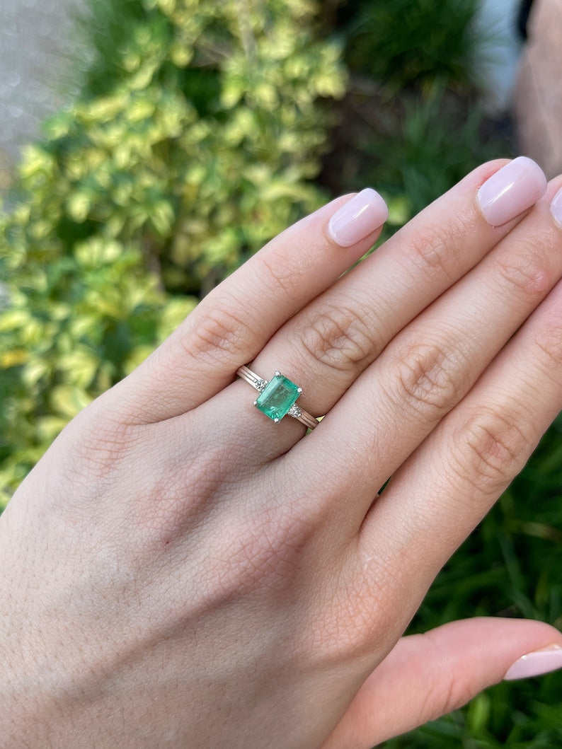 1.92tcw SS Natural Medium Green Brilliant Round Emerald Cut Diamond Three Stone Sterling Silver Ring - JR Colombian Emeralds