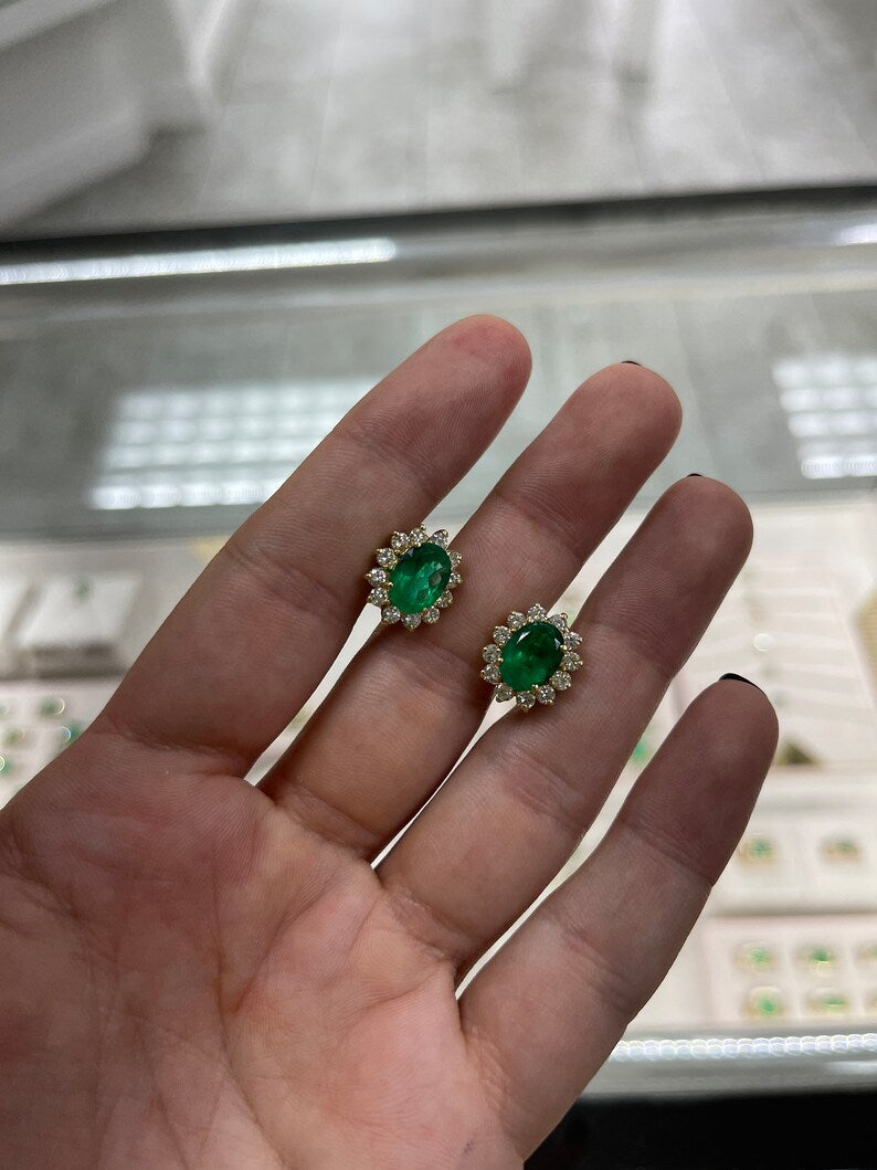 Dark Green Oval Cut Emerald Earrings with 6.60 Total Carats and Diamonds in 18K Gold