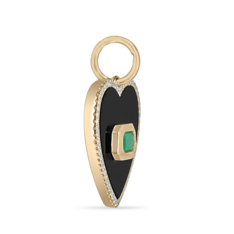 Onyx Black Bezel-Set 14K Gold Pendant: 0.90tcw Emerald Cut East to West, Enhanced by a Brilliant Diamond Heart Halo