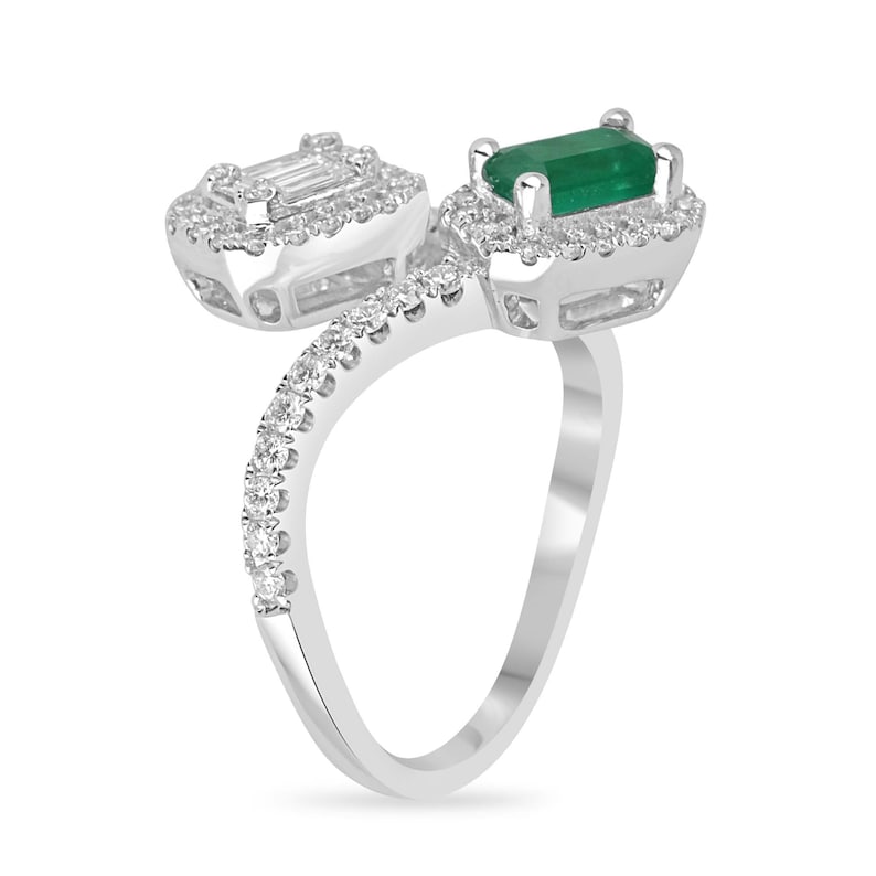 Bypass Shank Ring in 14K White Gold with 1.51 Carats of Dark Vivid Green Baguette Emerald and Round Cut Gems