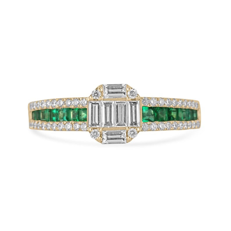 14K Asscher-Cut Diamond Ring with 1.30 Total Carat Weight: Vivid Green Round and Princess Cut Cluster