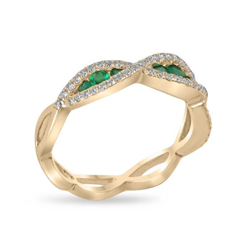 14K Gold Stacking Ring with Intertwining Round Cut Diamonds and Vivid Green Emerald - 0.65 Total Carat Weight