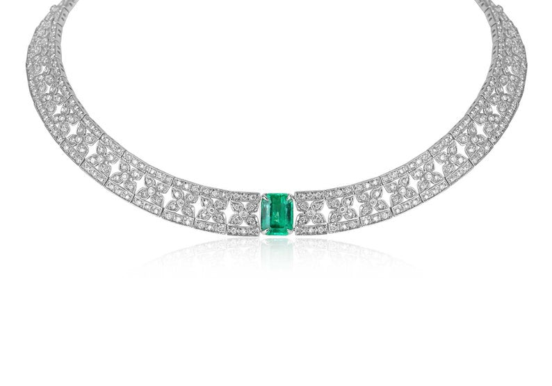 Statement Floral Diamond Choker with Emerald - 18K Gold, Total Carat Weight: 10.62