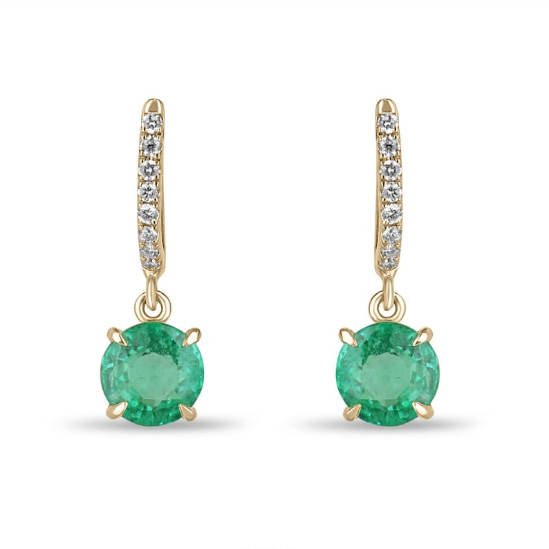 14K Gold Earrings with 2.80tcw Natural Emeralds & Diamond Accents in a Vivid Spring Green Hue