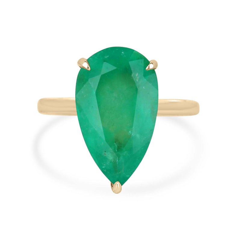 Exquisite 6.28 Carat Pear Cut Emerald Solitaire Ring in 18K Gold Setting