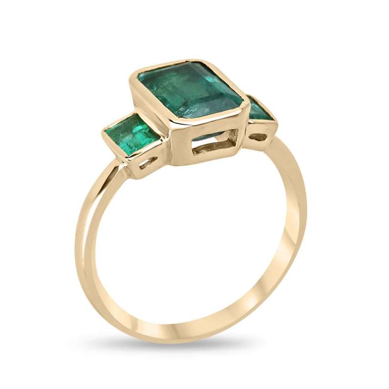Natural Emerald Cut Trilogy Lush Dark Green Stone Gold Ring