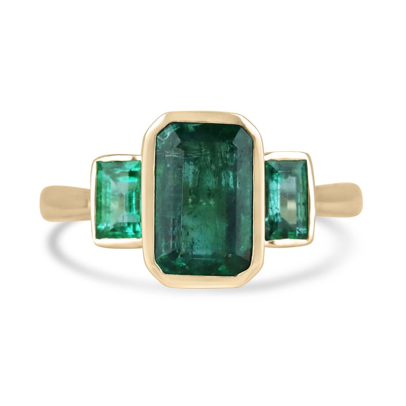 Exquisite 14K Gold Ring with 2.30 Total Carat Weight Natural Emerald Cut Trilogy in Luxurious Dark Green Hue