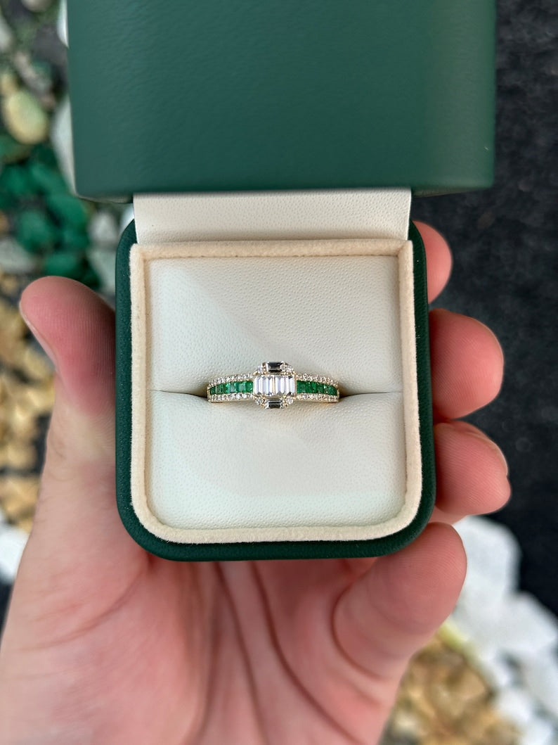 1.30tcw 14K Asscher Shaped Vivid Green Brilliant Round Diamond & Princess Cut Cluster Shank Right Hand Ring - JR Colombian Emeralds