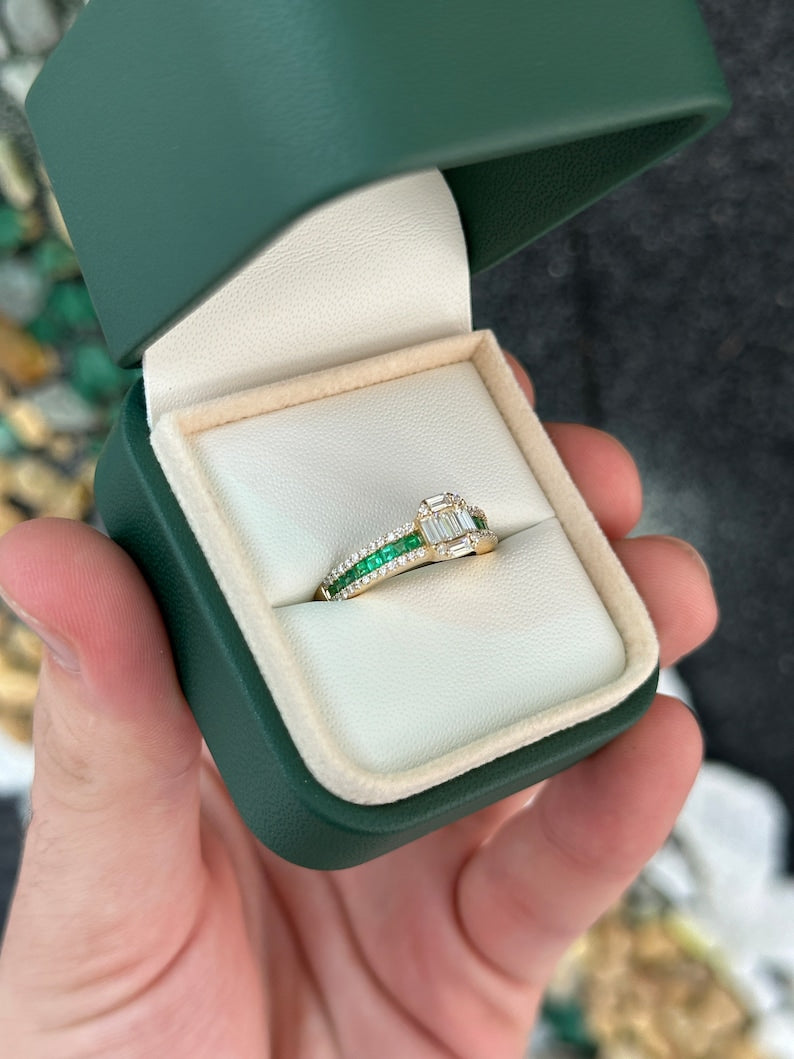 1.30tcw 14K Asscher Shaped Vivid Green Brilliant Round Diamond & Princess Cut Cluster Shank Right Hand Ring