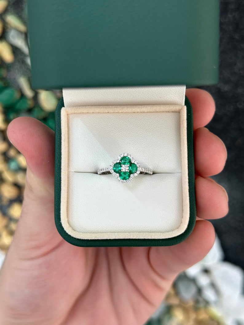 0.95tcw 14K Vivid Green Oval Cut Emerald & Brilliant Round Cut Diamond Halo + Shank Floral Styled White Gold Ring
