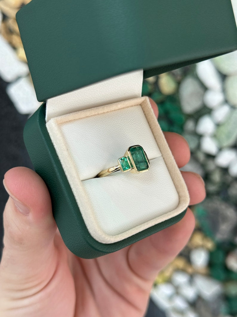 2.30tcw Natural Emerald Cut Trilogy Lush Dark Green 3 Stone Gold Ring 14K - JR Colombian Emeralds