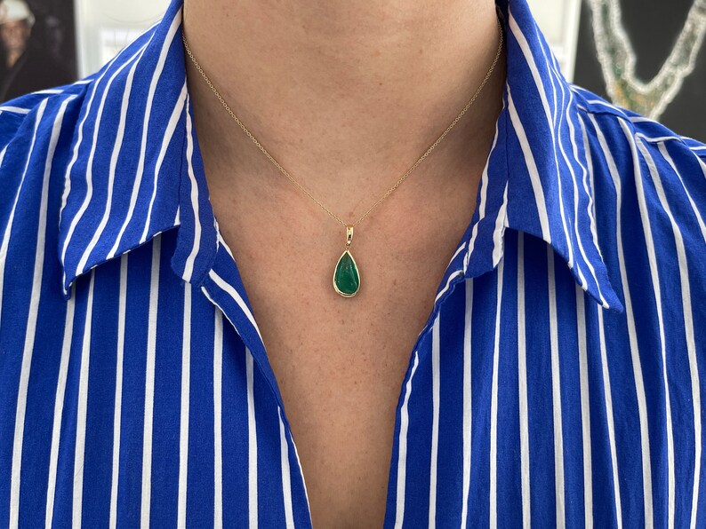 4.01ct 14K 585 Yellow Gold Natural Open Back Bezel Set Pear Shaped Cabochon Cut Emerald Pendant Necklace - JR Colombian Emeralds