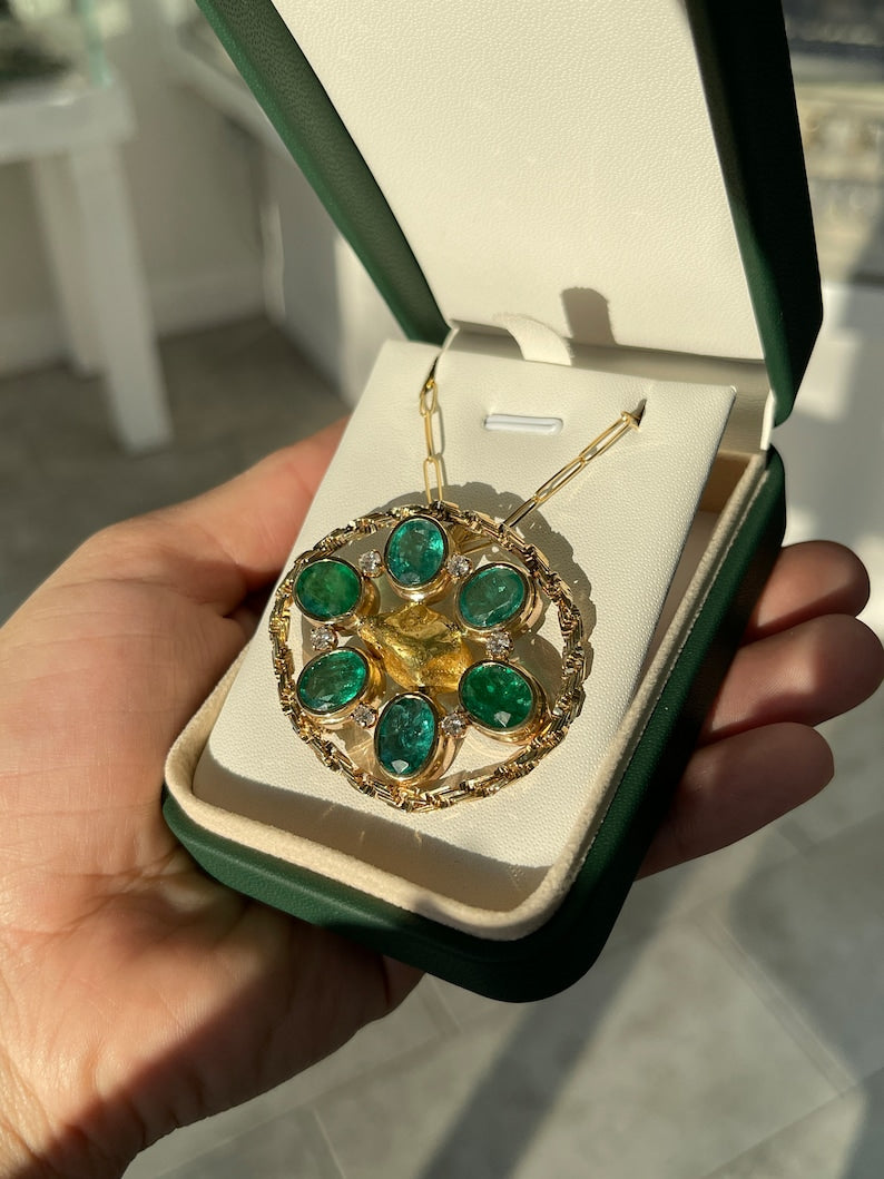 14K Gold Necklaces Featuring a Nugget Design Centerpiece with 15.84tcw Natural Oval Emerald and Round Diamonds