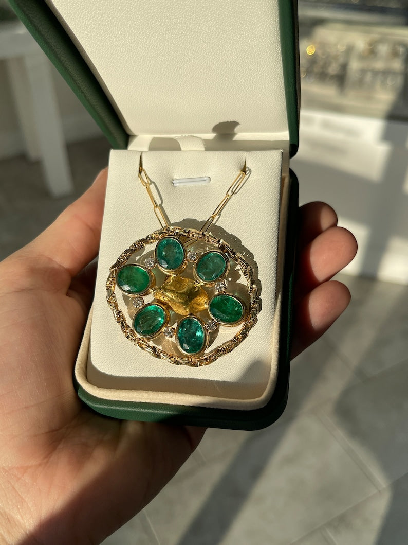 Captivating Medium Rich Green Oval Emerald & Diamond Brooch Necklaces - 15.84tcw 14K Gold Nugget Centerpiece