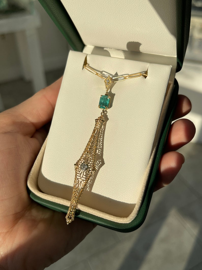 Elegant 14K Gold Necklace with Edwardian 1910s Vintage-Inspired Design, Showcasing 1.48tcw Natural Green Emerald and Diamond Accent