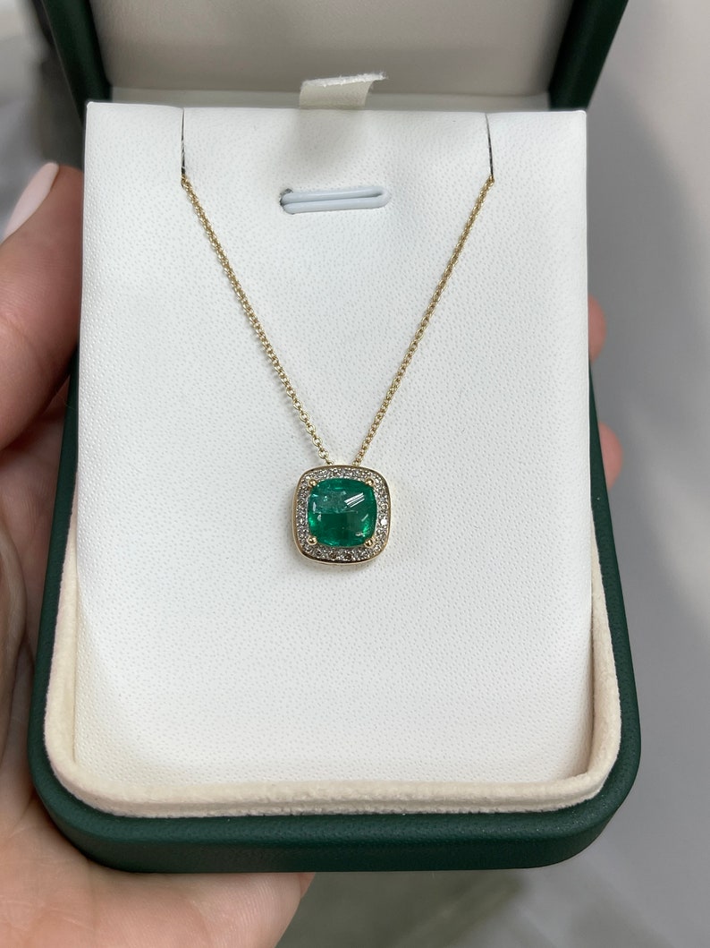 Natural Emerald and Diamond Halo Pendant - 3.20tcw 14K Gold Jewelry
