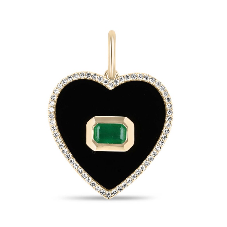 Elegant 0.90 Total Carat Weight 14K Natural Emerald Cut Pendant with Onyx Black Setting and Brilliant Diamond Heart Halo