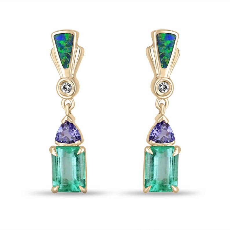 Exquisite 14K Gold Earrings with 3.66tcw Natural Emerald, Tanzanite, Diamond, and Opal Trillion Cuts