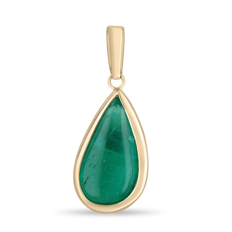 Large 4.01 Carat Pear Shaped Cabochon Cut Emerald Pendant in 14K Yellow Gold
