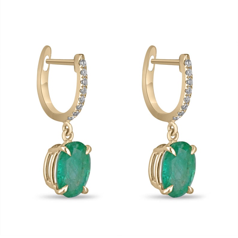 14K Gold Earrings Featuring Lush Oval Cut Emeralds and Diamond Highlights