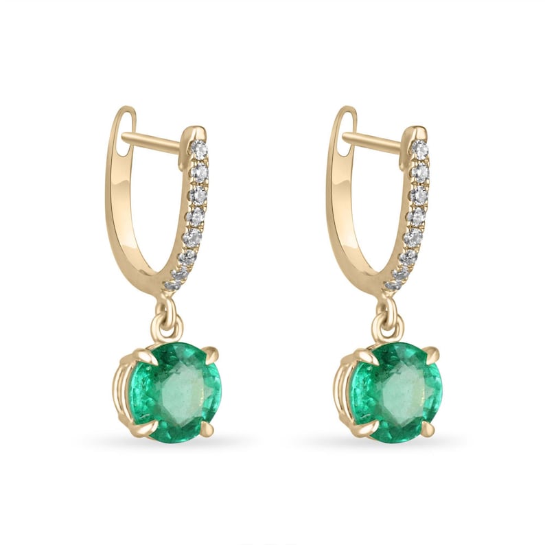 Elegant 14K Gold Earrings: Natural Vivid Spring Green Emeralds with Diamond Accents, 2.80tcw