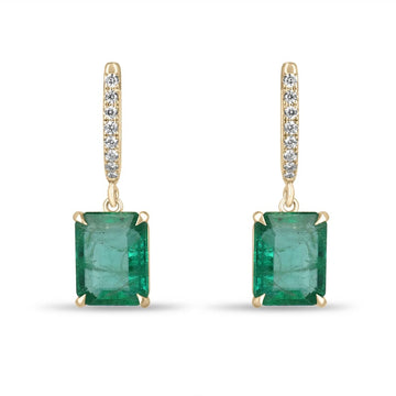14K Gold Earrings with 4.40 Total Carat Weight: Elegant Emerald & Diamond Dangle Huggies