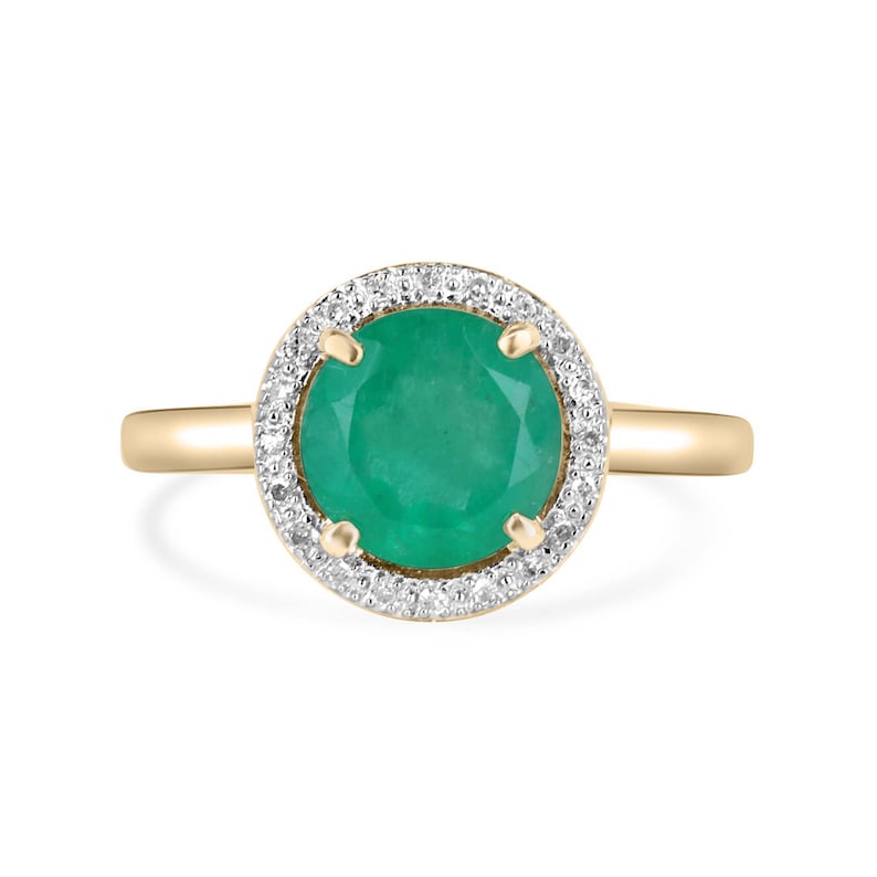 14K Gold Ring Featuring a 2.80tcw Round Cut Medium Green Emerald and Diamond Halo