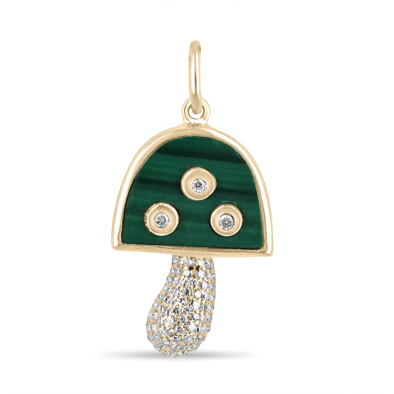 Exquisite 14K Gold Necklace with 3.13tcw Natural Malachite & Diamond Mini Mushroom Pendant