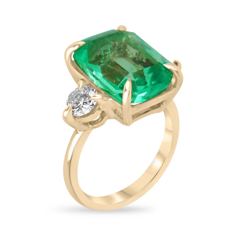 Transparent Emerald Cut Diamond Ring – 8.92tcw 18K Three-Stone Design in Medium Green