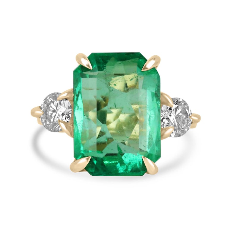 18K Three-Stone Ring with 8.92 Total Carat Weight Transparent Emerald Cut Diamonds in Medium Green Hue