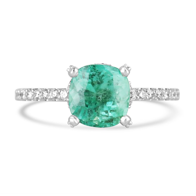 14K Gold Engagement Ring with 2.40tcw Cushion Emerald and Diamond Accents in Medium Light Green