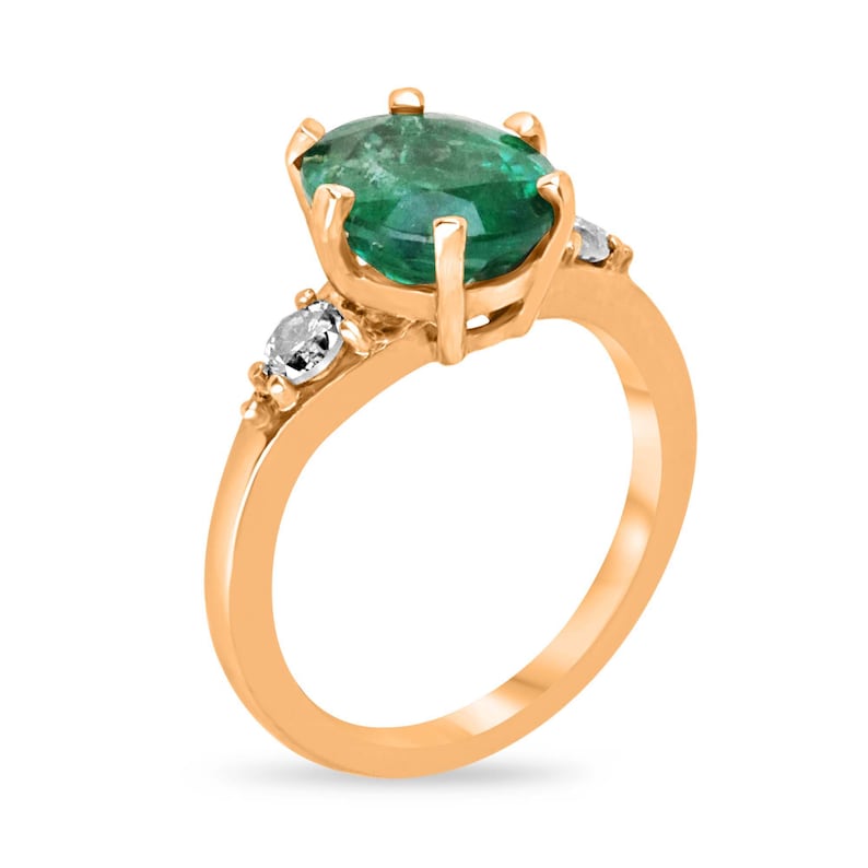 Luxurious 14K Rose Gold Ring with 2.54 Carats of Oval Emerald and Round Cut Rich Green Diamonds in a 6-Prong Design