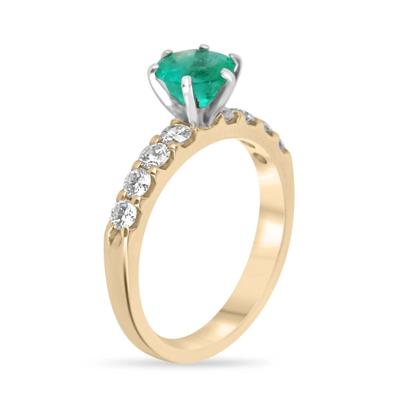Classic 14K Gold Ring Featuring a Round Medium Dark Green Emerald and Diamond Shank (1.26 Total Carat Weight)