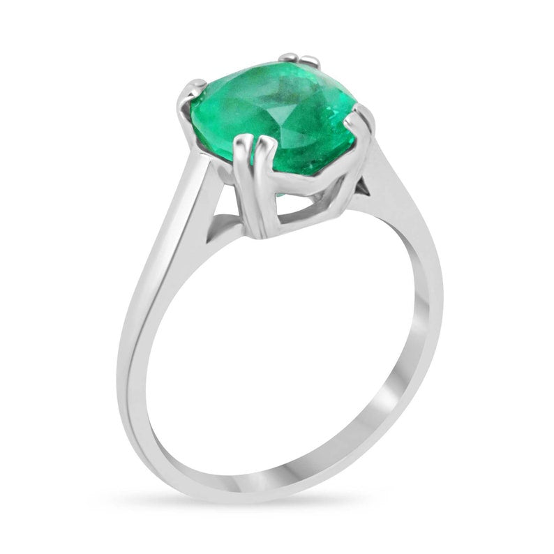 Rich Vivid Green 2.42 Carat Emerald Solitaire Ring in 14K White Gold with Double Prong Setting