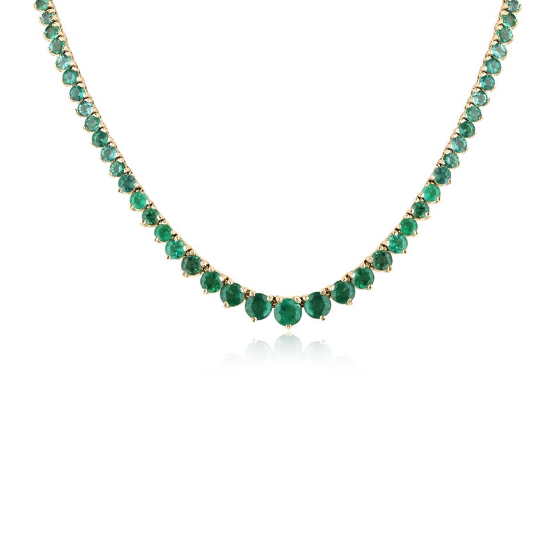 14K Gold Tennis Necklace: 22.25tcw Emeralds in Vivid Medium Dark Green