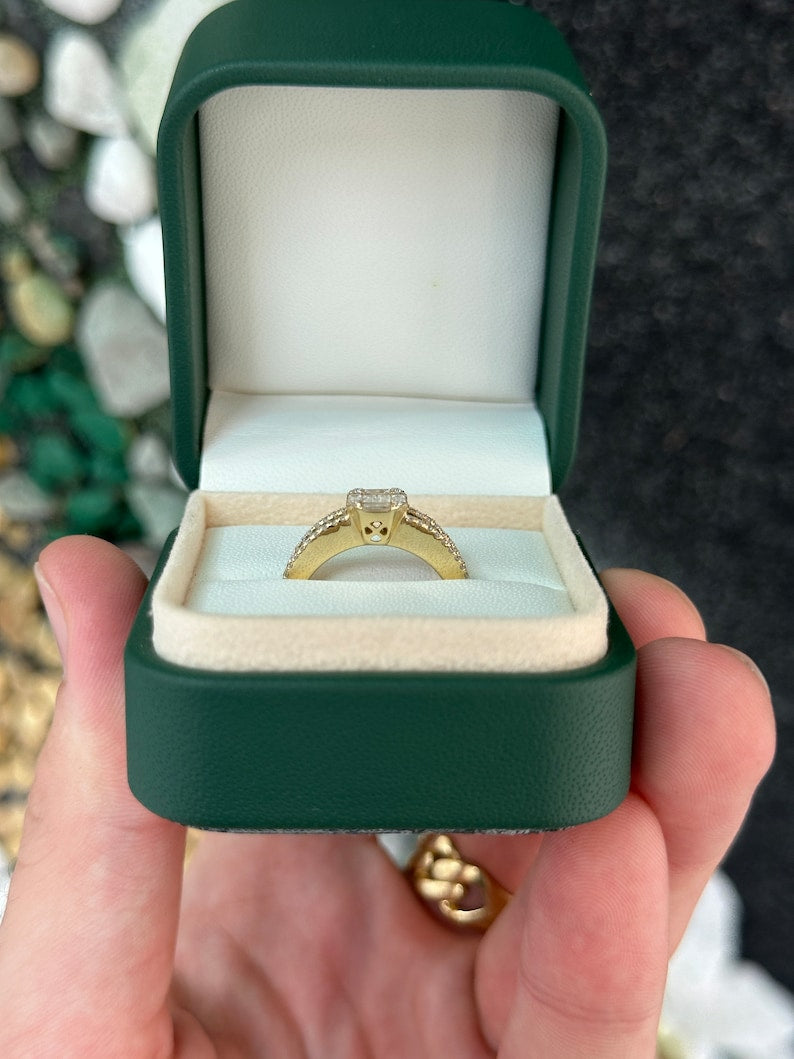1.30tcw 14K Asscher Shaped Vivid Green Brilliant Round Diamond & Princess Cut Cluster Shank Right Hand Ring
