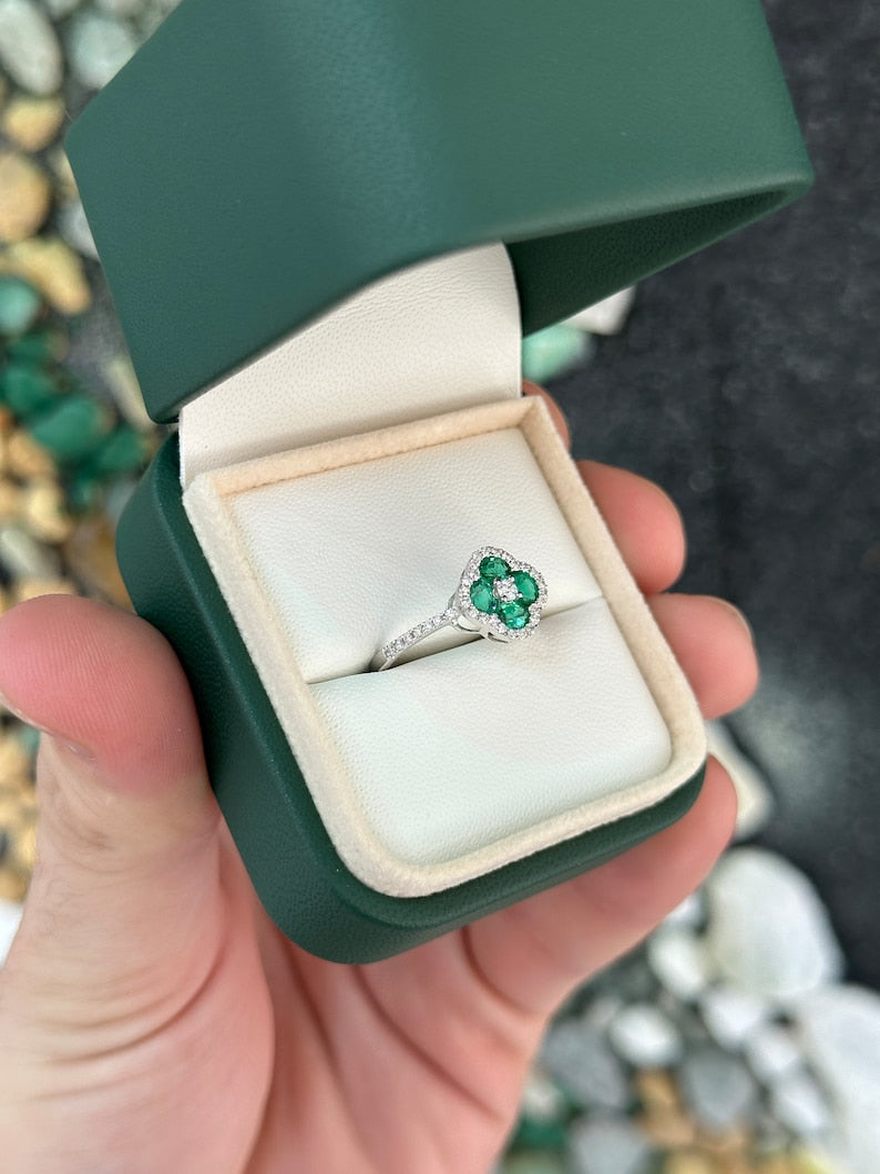 Special price for F - 0.95tcw 14K Vivid Green Oval Cut Emerald & Brilliant Round Cut Diamond Halo + Shank Floral Styled White Gold Ring - JR Colombian Emeralds