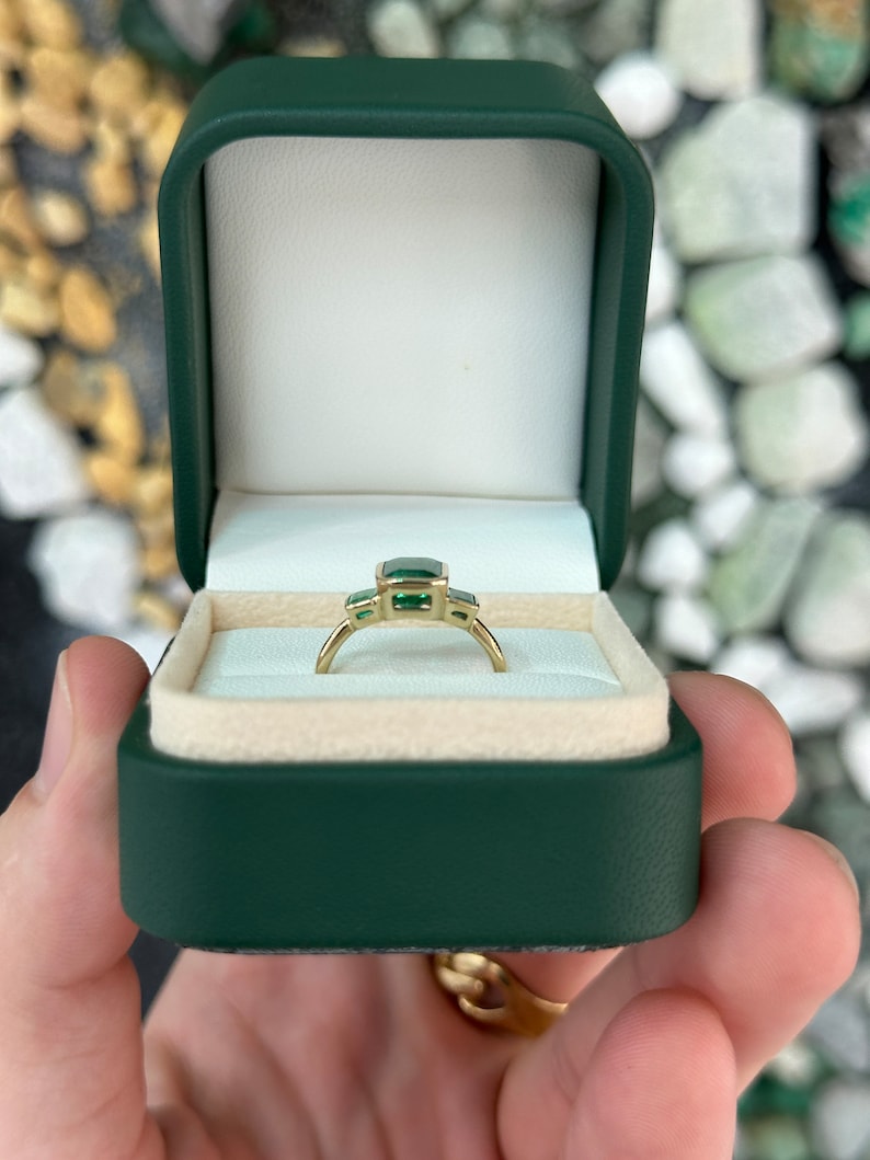 2.30tcw Natural Emerald Cut Trilogy Lush Dark Green 3 Stone Gold Ring 14K - JR Colombian Emeralds