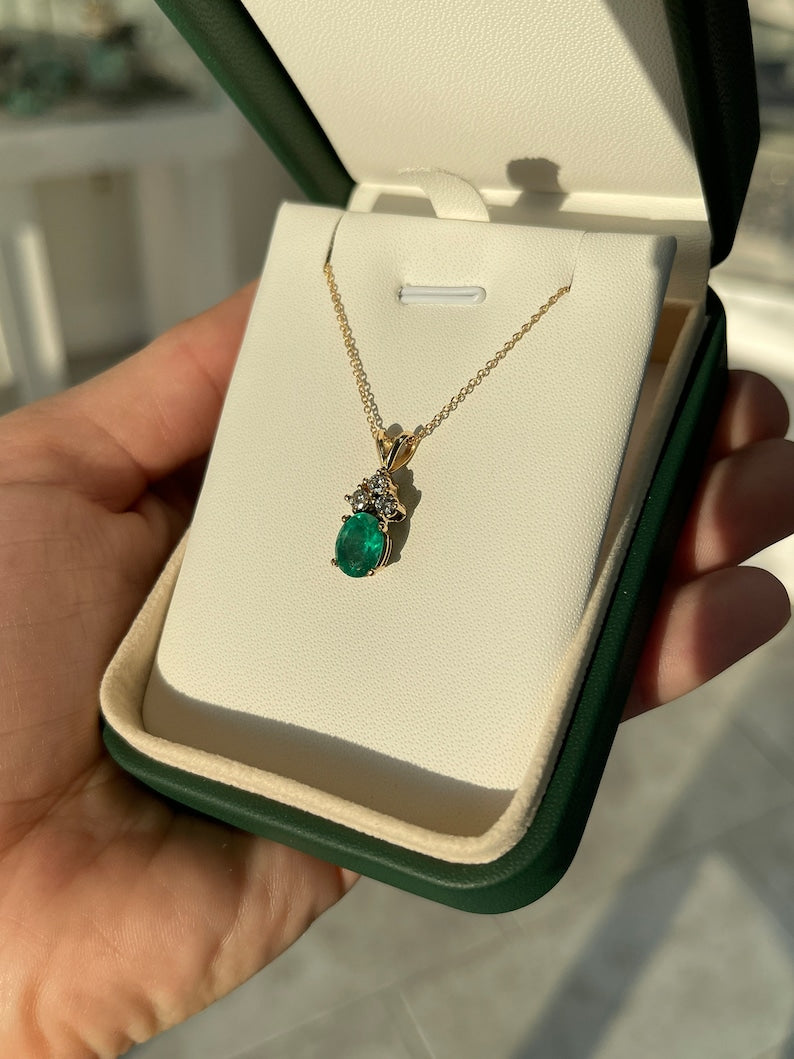 2.27tcw 14K Split Bail Pendant Necklace with Oval Cut Emerald and Diamond Accent in Rich Dark Green