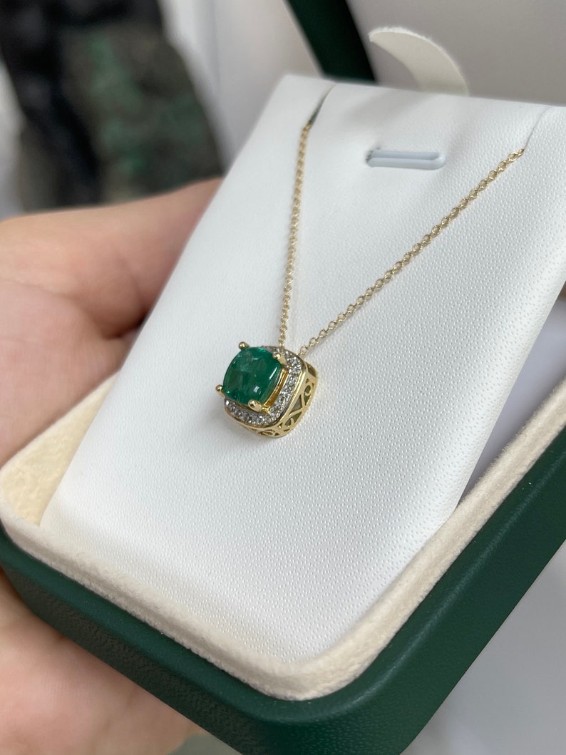 Luxurious Halo Pendant with Rich Green Emerald - 14K Gold, 3.20 Total Carat Weight