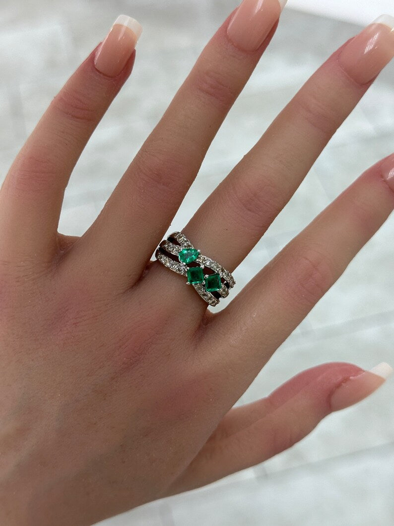 1.20tcw 14K Natural Emerald & Diamond Accent Princess Cut Statement 3 Stone Pave Shank Ring - JR Colombian Emeralds