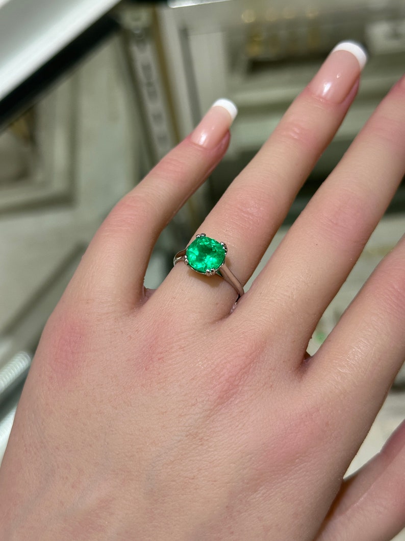 Stunning 2.42ct Cushion Cut Emerald Ring in 14K White Gold with Double Prong Setting for a Striking Appearance