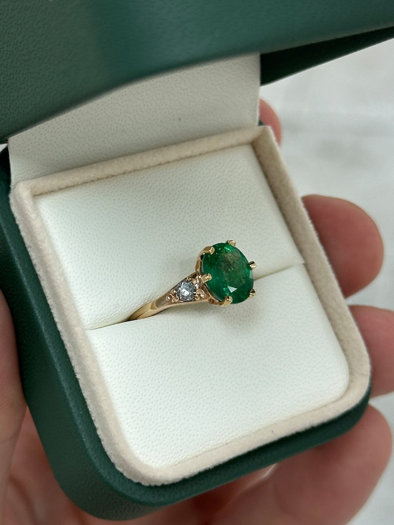 2.54tcw Oval Emerald & Round Cut Rich Green Diamond 6-Prong 3 Stone Ring 14K - JR Colombian Emeralds